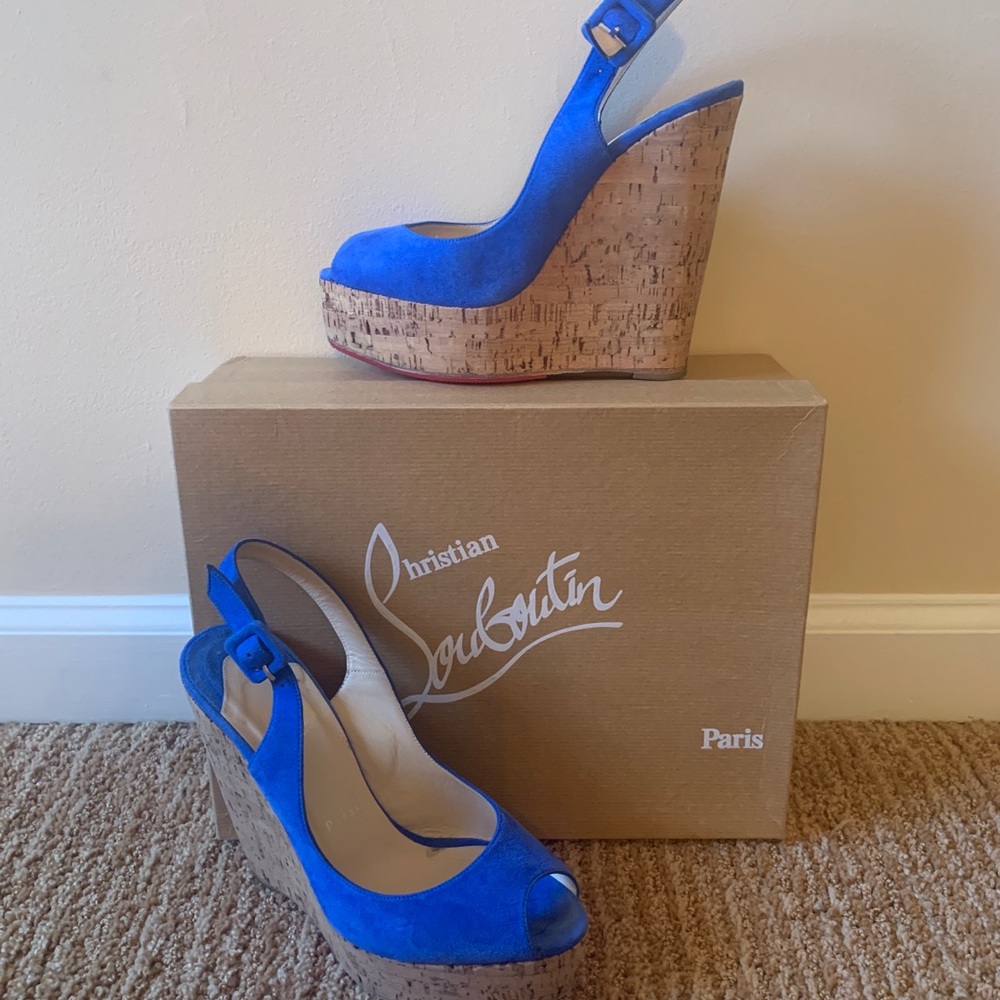 Fab Christian Louboutin Blue Wedge Sandals 37.5